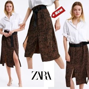Zara animal print midi skirt brown black belted front slits tiger print Sz L NWT